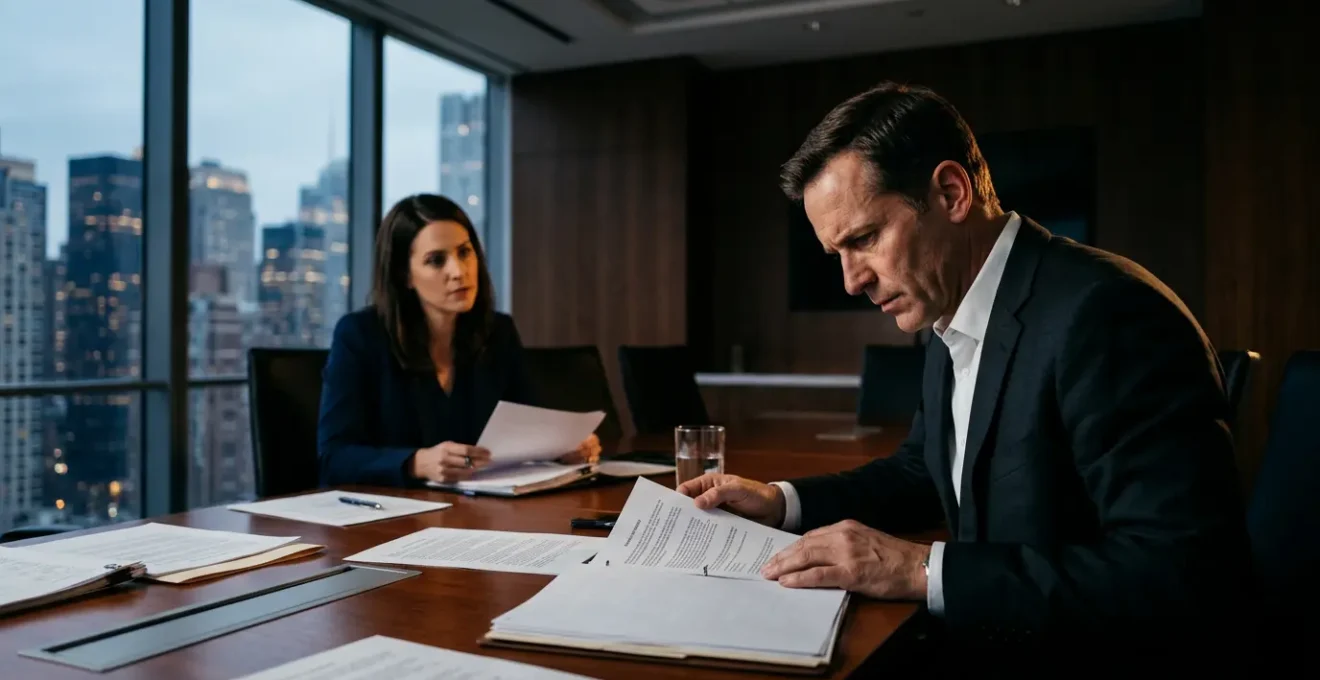 Executives analyzing contract documents in modern corporate boardroom