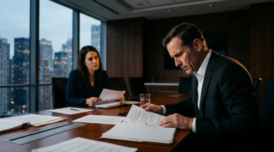 Executives analyzing contract documents in modern corporate boardroom