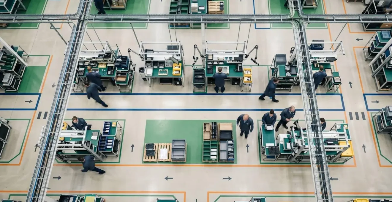 Aerial view of optimized UK factory assembly line with clear material flow paths