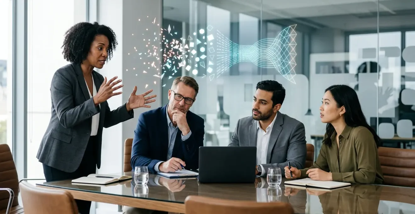 Executive team members engaged in strategic data analysis during a boardroom meeting with visual displays and collaborative discussion