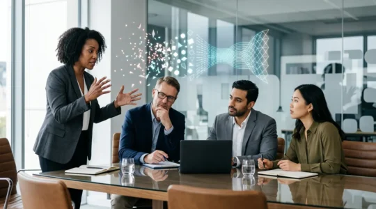 Executive team members engaged in strategic data analysis during a boardroom meeting with visual displays and collaborative discussion