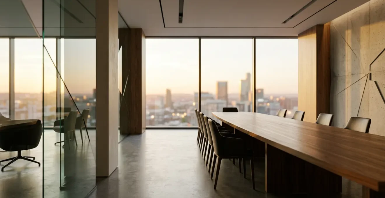 Executive boardroom with modern analytics displays showing risk assessment data and investment frameworks
