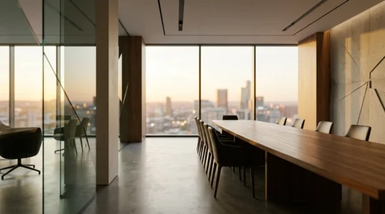 Executive boardroom with modern analytics displays showing risk assessment data and investment frameworks