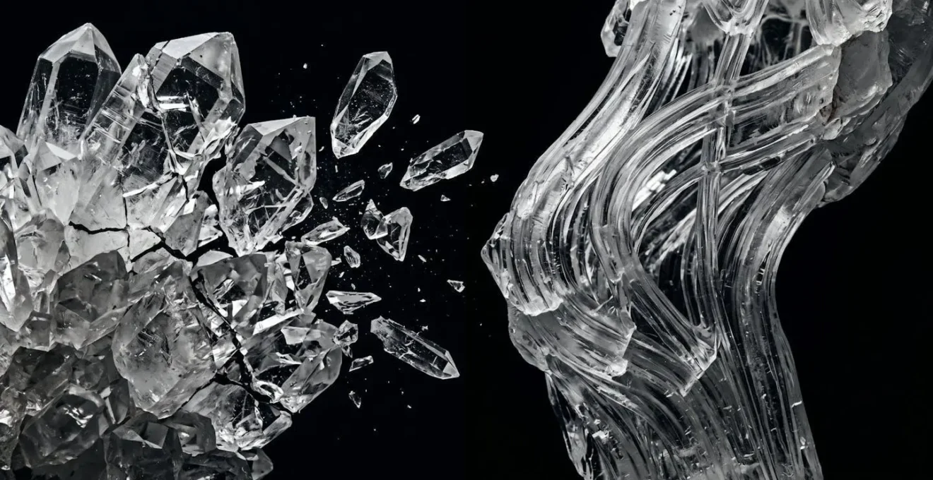 Visual metaphor of two crystal structures, one shattering and one adapting under pressure