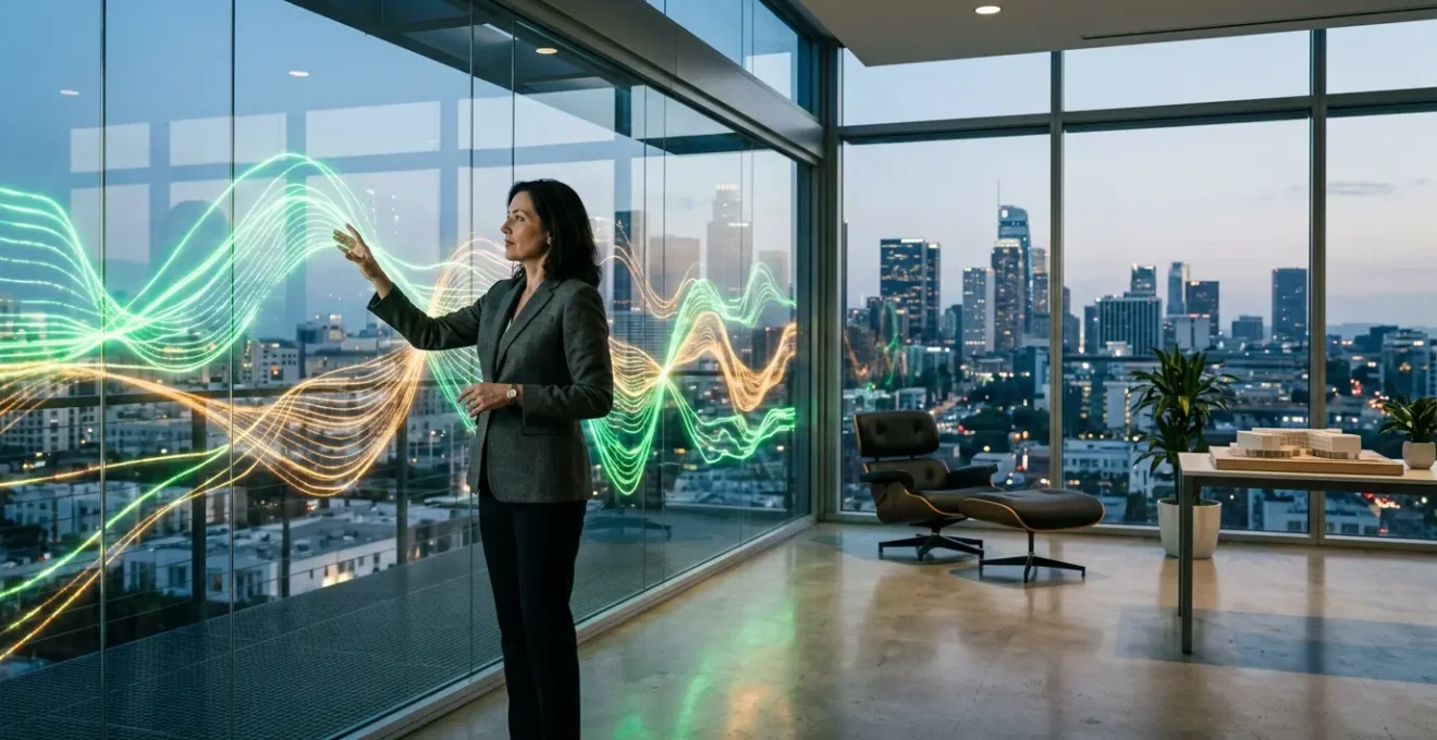 Executive analyzing financial dashboard with budget variance metrics in modern office
