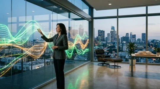 Executive analyzing financial dashboard with budget variance metrics in modern office