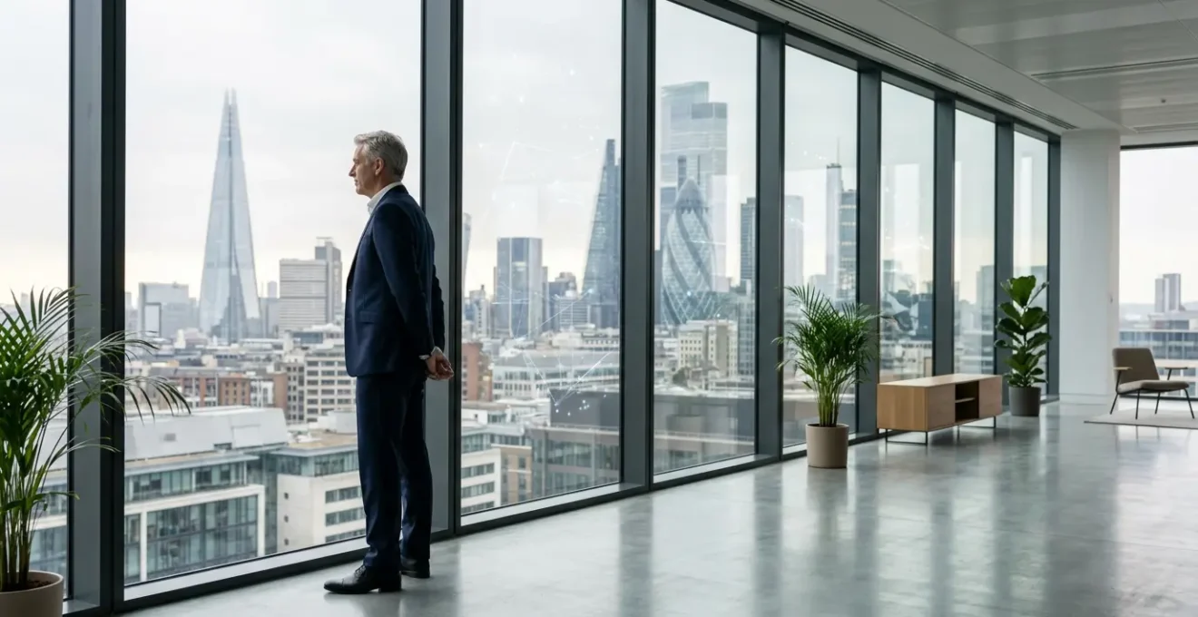 Executive analyzing real-time UK market data through interactive business intelligence visualization