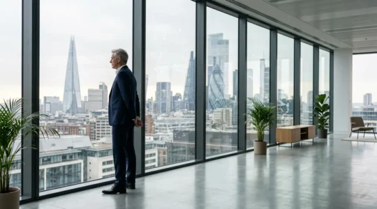 Executive analyzing real-time UK market data through interactive business intelligence visualization