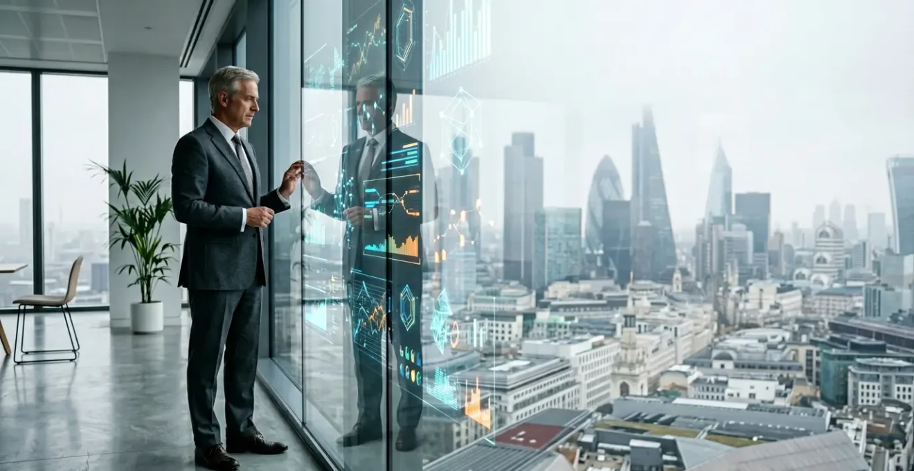 CFO examining financial projections with UK economic indicators in modern London office