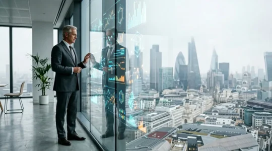 CFO examining financial projections with UK economic indicators in modern London office