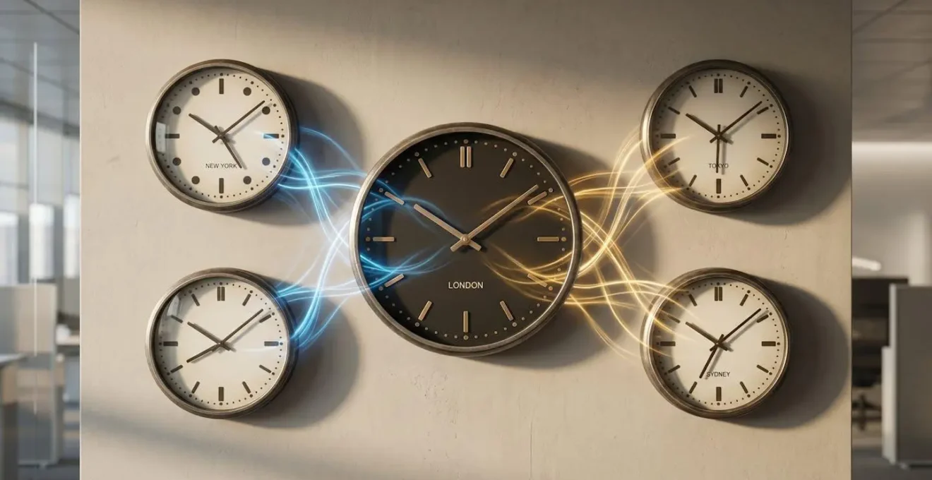 Abstract visualization of data flowing across time zones to UK headquarters