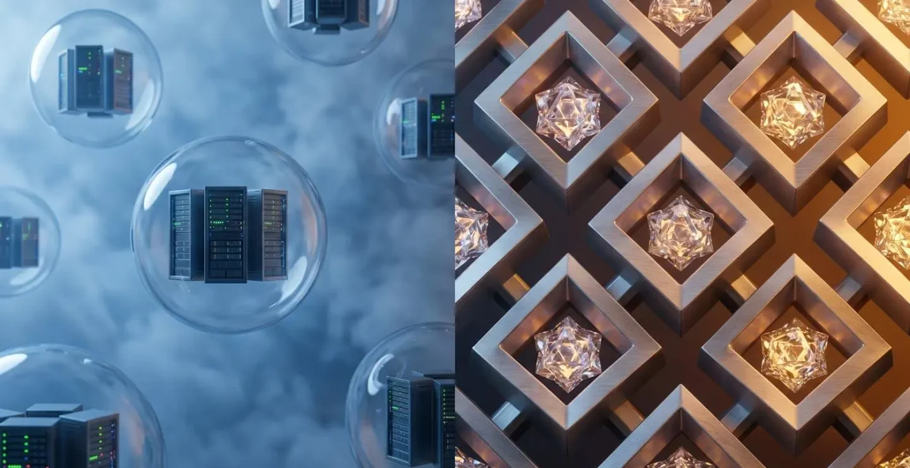 Abstract visualization comparing cloud storage and blockchain technology for data security