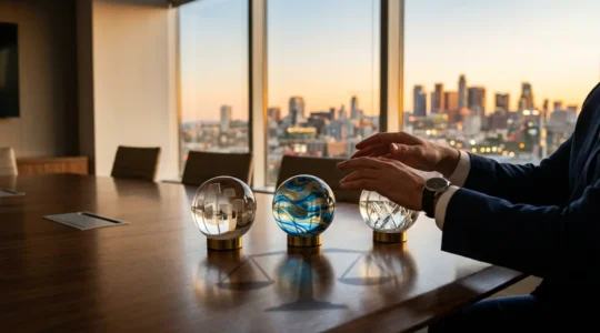 Strategic corporate asset allocation meeting in modern boardroom