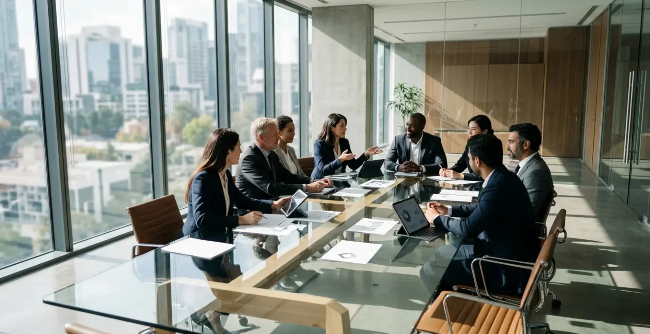 Business executives reviewing performance dashboards in modern corporate boardroom