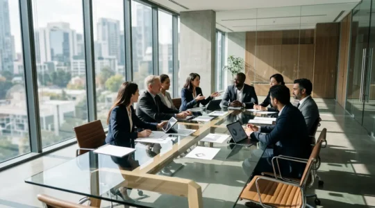 Business executives reviewing performance dashboards in modern corporate boardroom