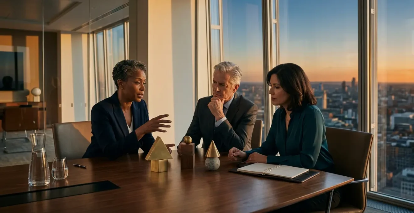 Senior executives reviewing financial portfolio data in modern corporate boardroom