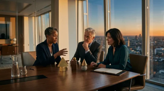 Senior executives reviewing financial portfolio data in modern corporate boardroom