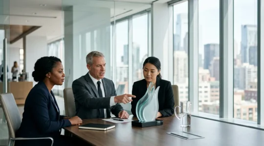 Corporate executives analyzing financial data and cash flow strategies in modern office setting