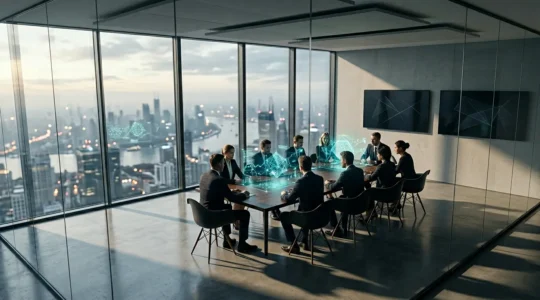 Executive team analyzing long-term corporate project viability in modern boardroom setting