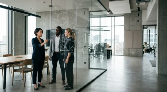 Business executives analyzing growth strategy in modern corporate setting