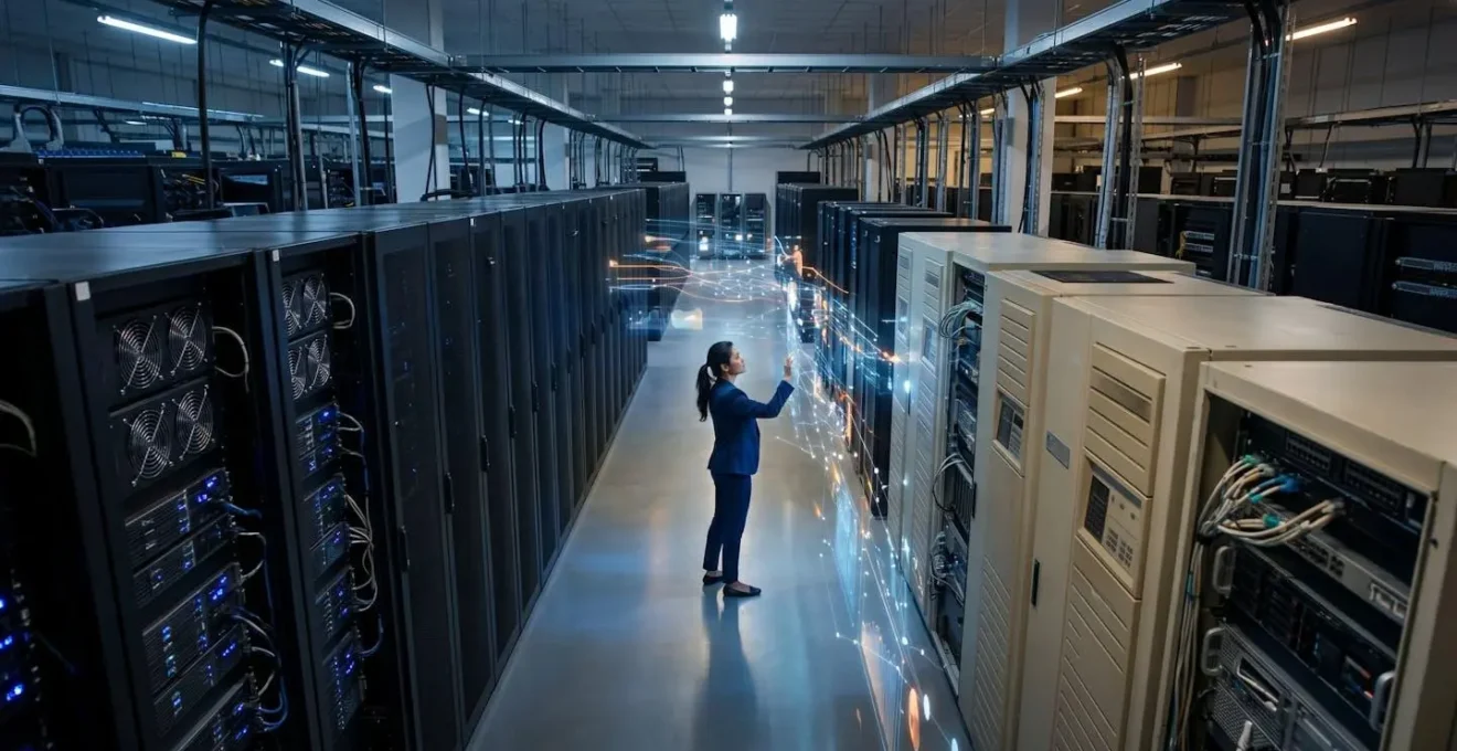 IT specialist analyzing complex data patterns on multiple vintage computer monitors showing database structures