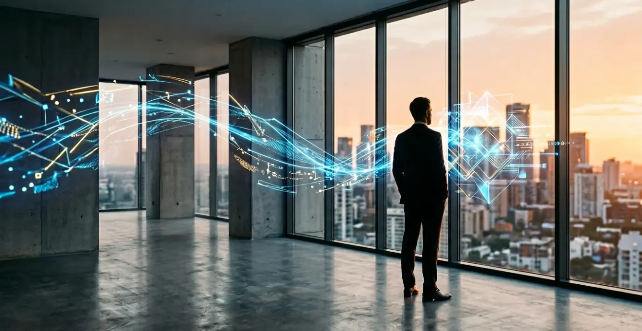 Executive analyzing integrated data streams on holographic analytics display