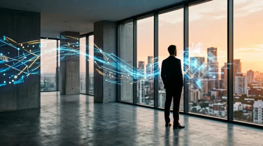 Executive analyzing integrated data streams on holographic analytics display