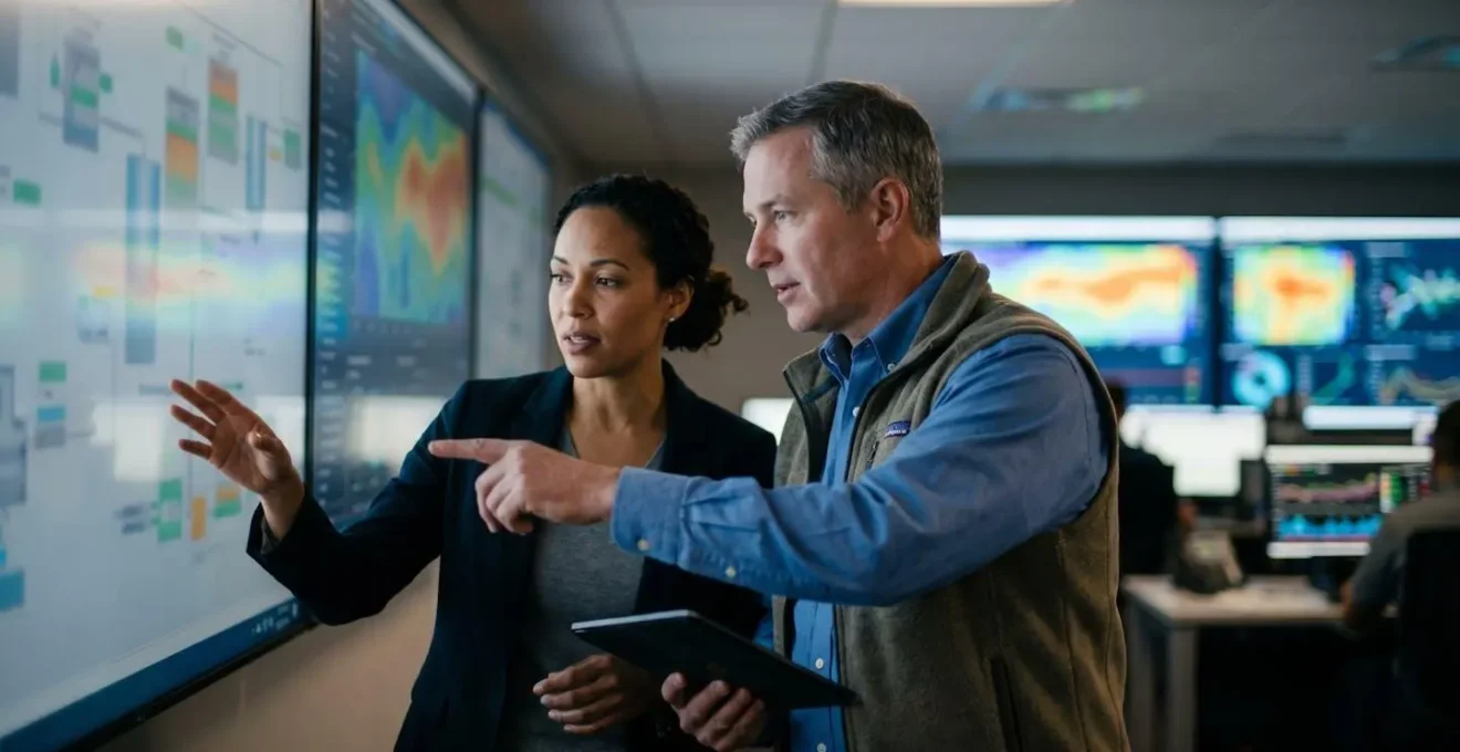 Factory control room with process mining visualization displays