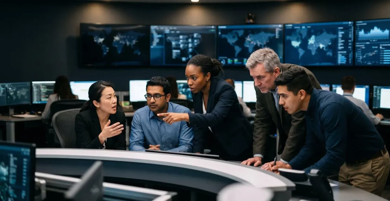 Modern corporate crisis response center with multiple decision makers collaborating