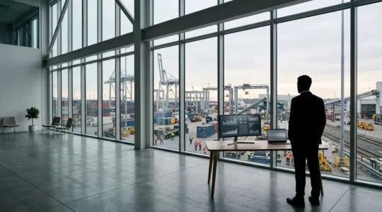 Strategic enterprise asset management showing managers analyzing equipment value retention data in modern corporate facility