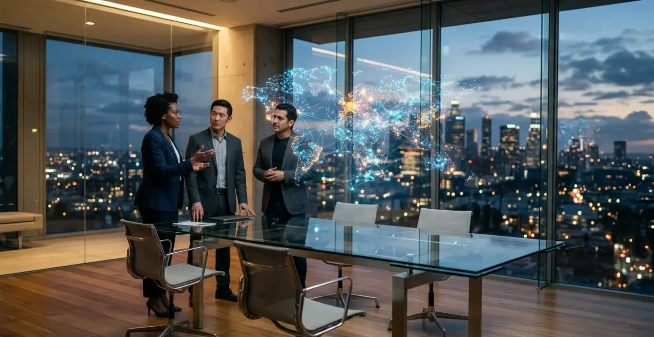 Executive team analyzing geographic market risks and diversification strategies on holographic global map