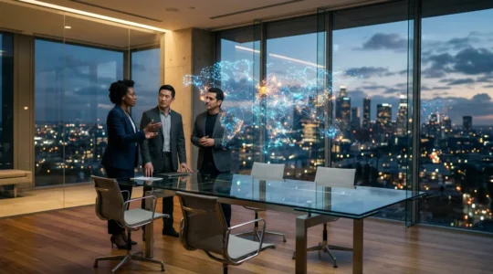 Executive team analyzing geographic market risks and diversification strategies on holographic global map