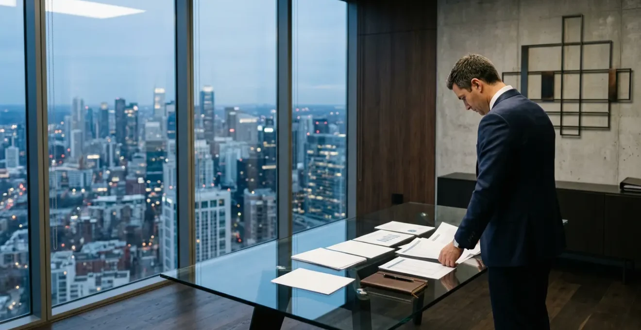 Corporate executive analyzing financial charts in modern boardroom setting