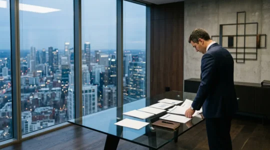 Corporate executive analyzing financial charts in modern boardroom setting