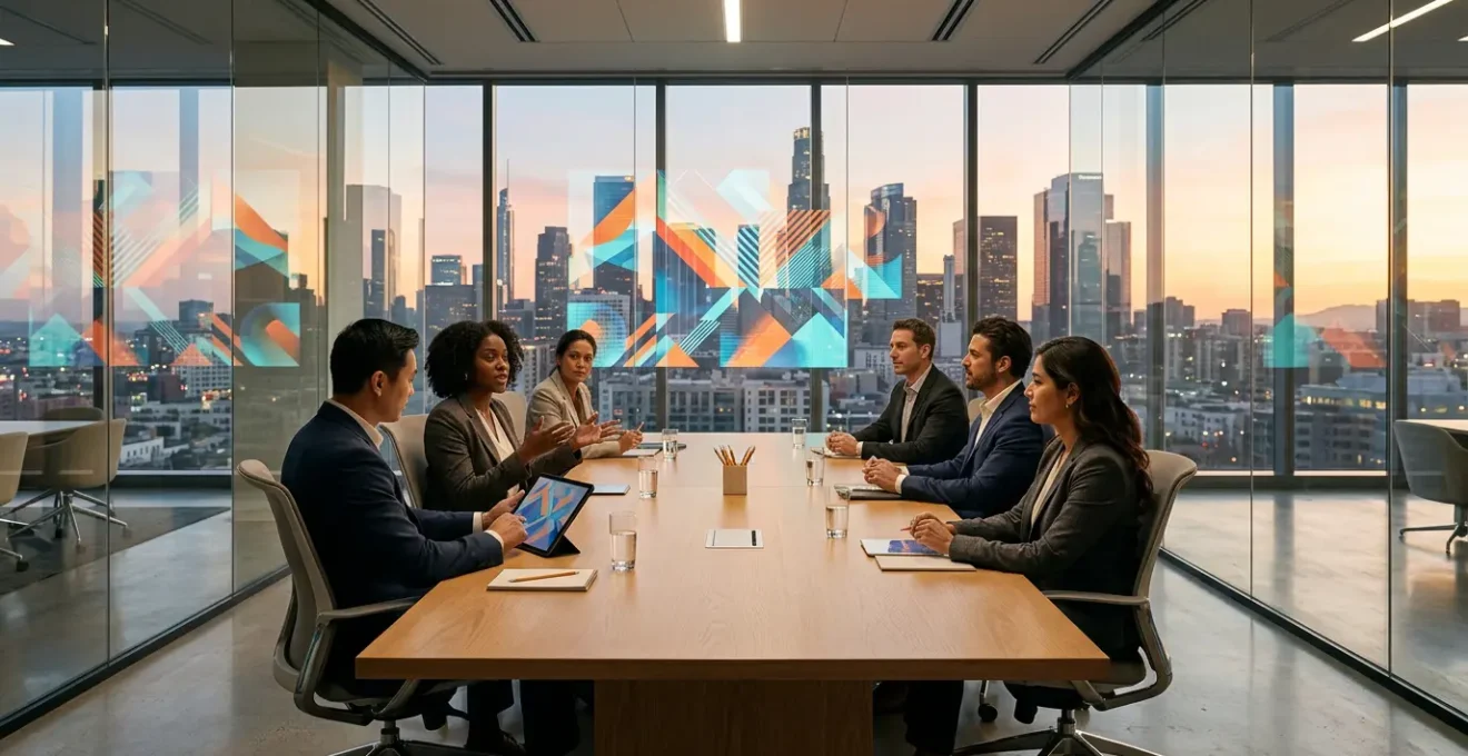 Executive team analyzing case studies in modern boardroom
