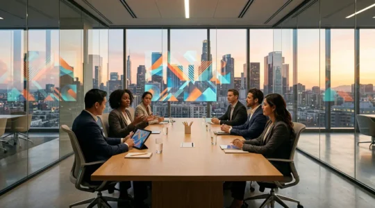 Executive team analyzing case studies in modern boardroom