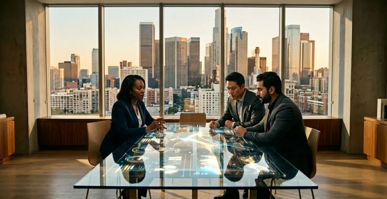 Executive team analyzing data visualizations for five-year growth strategy