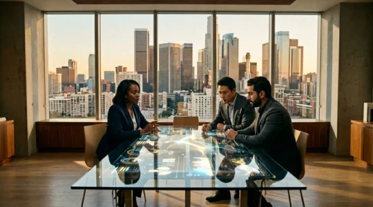 Executive team analyzing data visualizations for five-year growth strategy