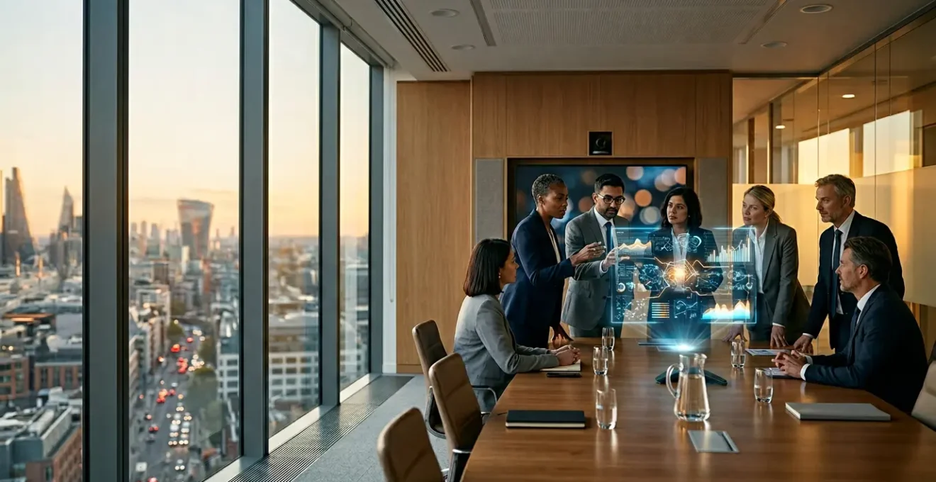 Business leaders reviewing financial data and capital flow charts in a modern office environment