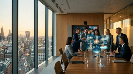 Business leaders reviewing financial data and capital flow charts in a modern office environment