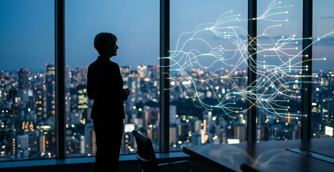 Senior executive analyzing complex predictive data visualizations in a modern boardroom setting