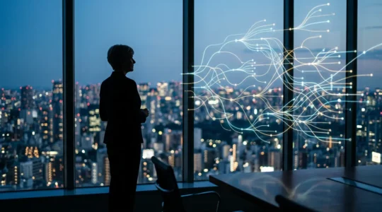 Senior executive analyzing complex predictive data visualizations in a modern boardroom setting