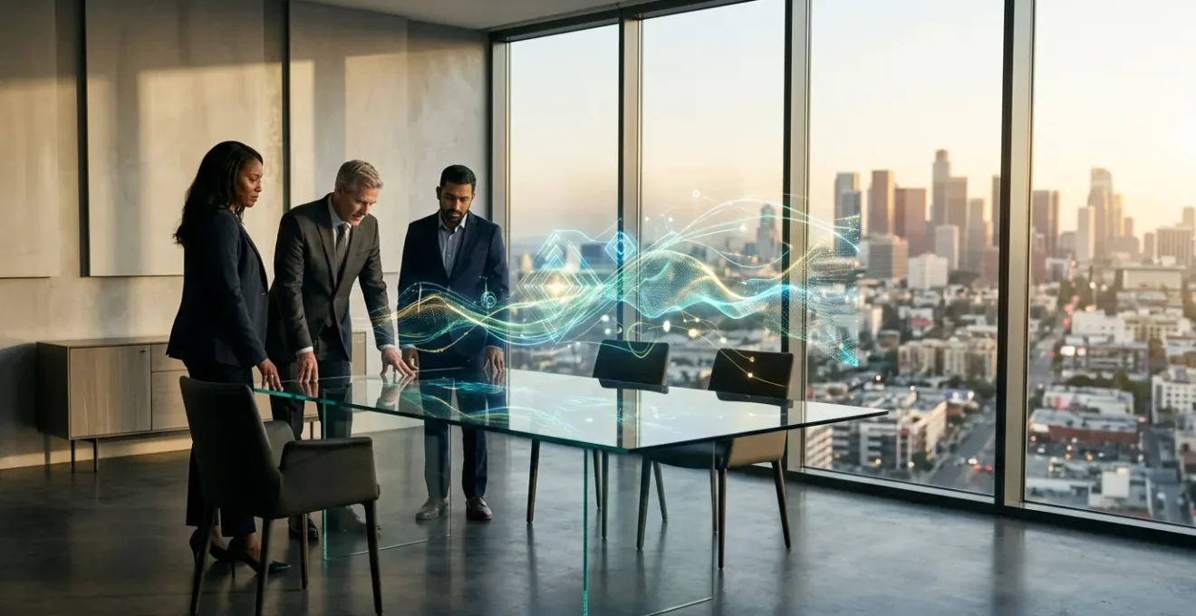 Executive leadership team analyzing projected revenue streams and liquidity metrics on financial dashboard