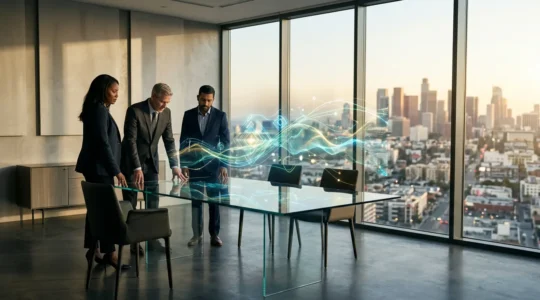 Executive leadership team analyzing projected revenue streams and liquidity metrics on financial dashboard