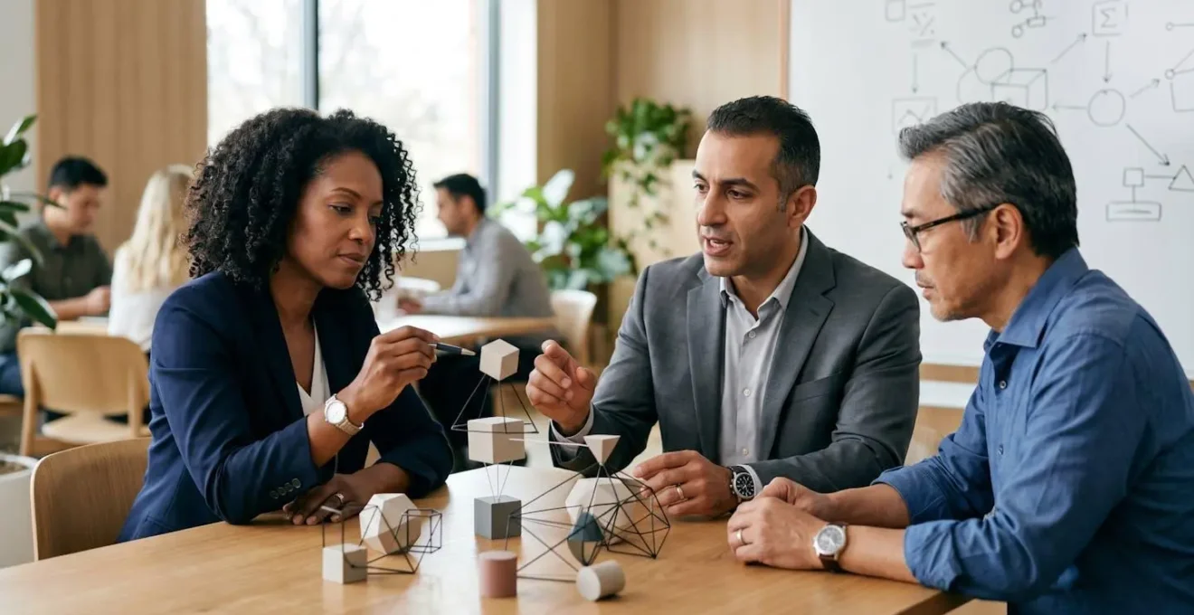 Executives collaborating on framework simplification in modern workspace