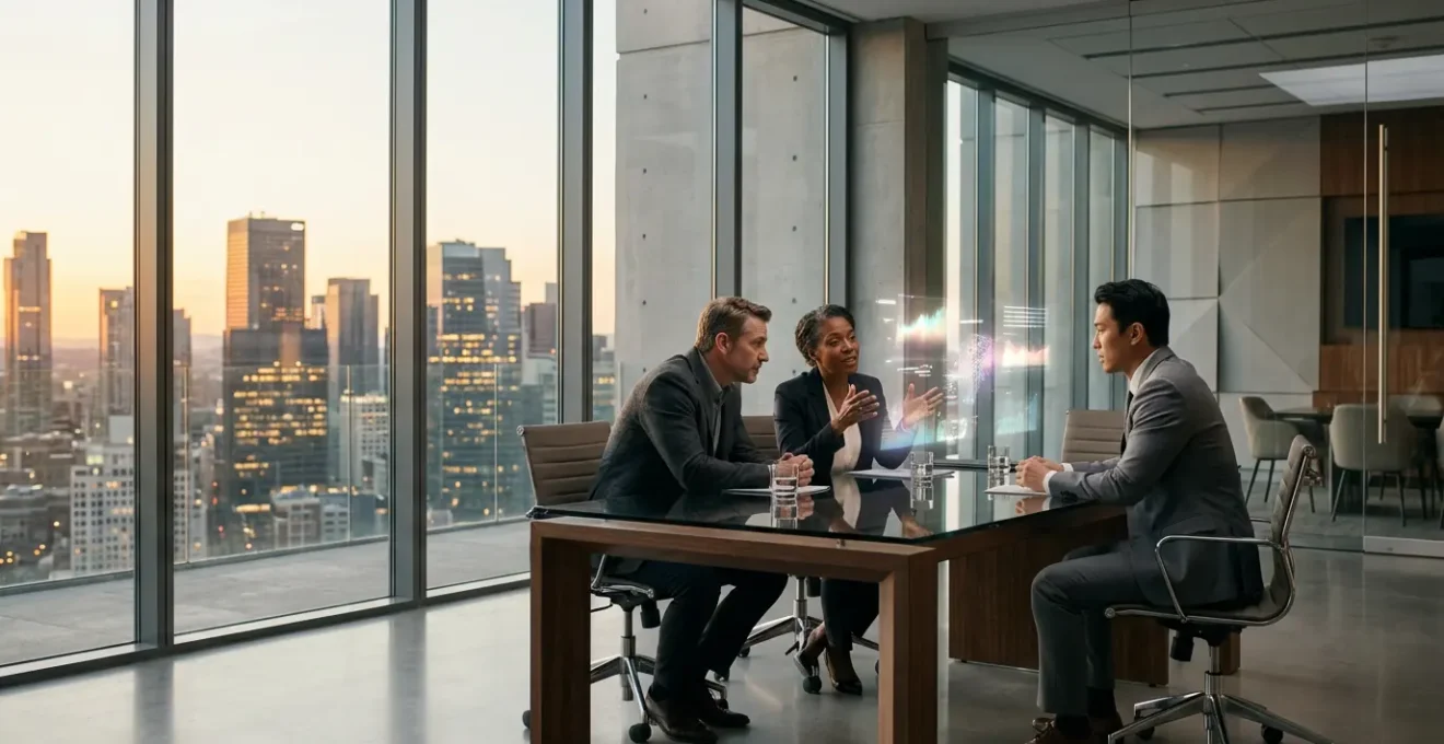 Executive team reviewing performance metrics on a modern digital dashboard in a corporate boardroom