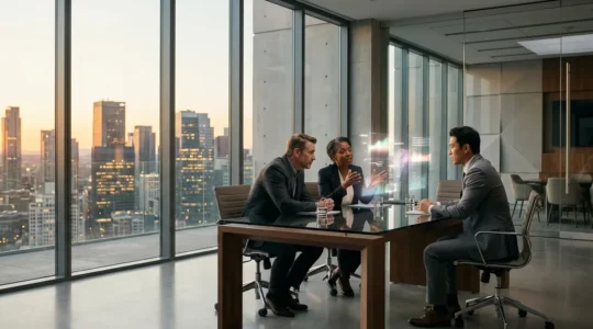 Executive team reviewing performance metrics on a modern digital dashboard in a corporate boardroom