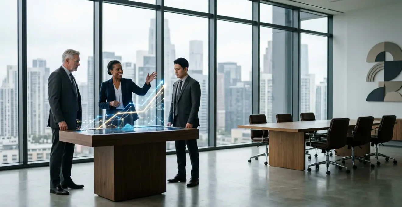 Executives reviewing financial charts and innovation strategy in modern office environment