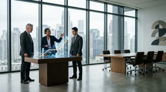 Executives reviewing financial charts and innovation strategy in modern office environment