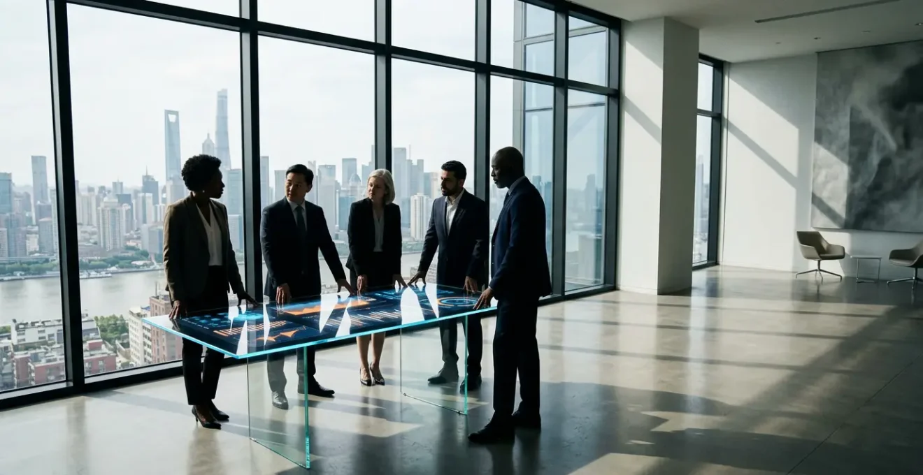 Senior executives analyzing strategic risk scenarios in a modern corporate boardroom